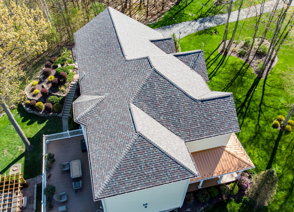 drone view of a new shingle roof