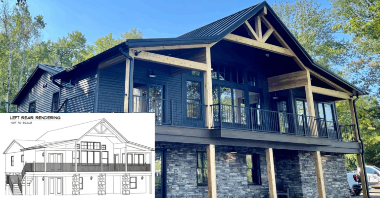 Exterior view of a major home renovation with a cutout of a rendering in the corner.