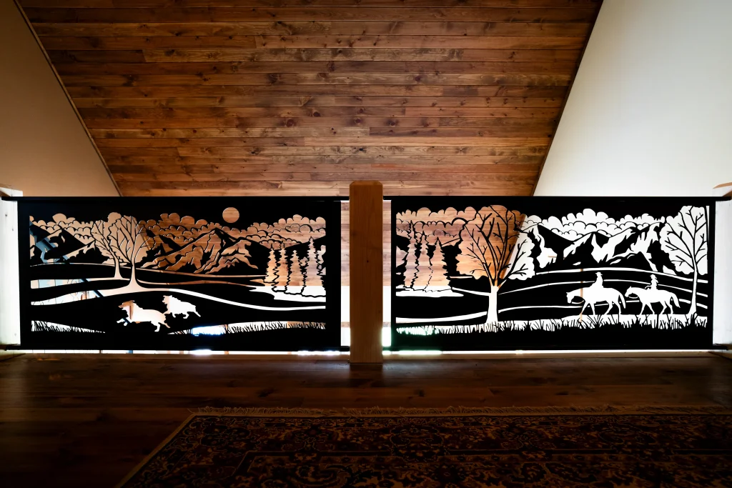interior loft railing with custom woodland metal work