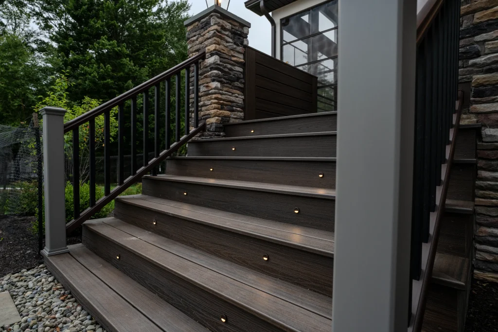 Close-up of illuminated TimberTech deck stairs with modern railing, cultured stone columns, and low-maintenance outdoor living materials installed by NEPA Builders in Dalton, PA.