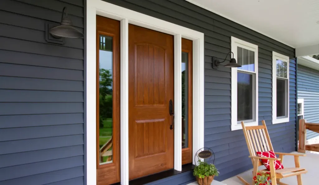 Beautifully designed entry door and windows on the exterior of a home with blue siding.