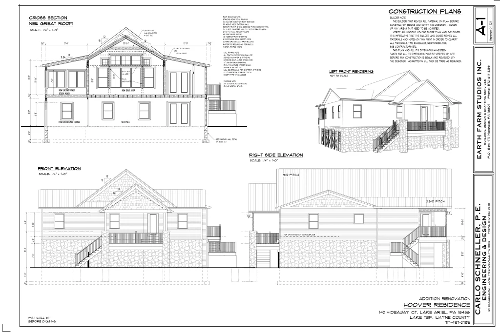 Exterior construction plans for Lake Henry lake house construction