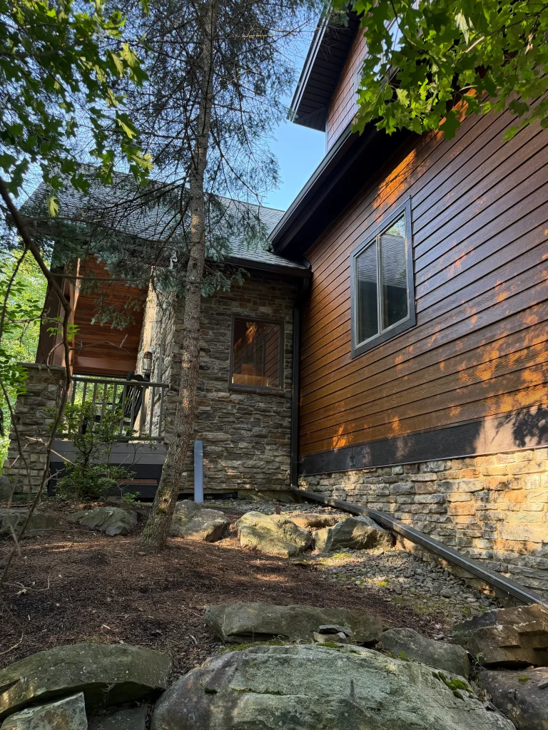 Fiber cement siding installation in Pocono Pines; Front. Exterior.