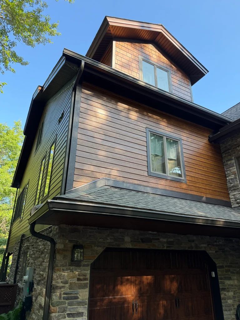 Fiber cement siding installation in Poconos Pines. Exterior. Second Floor.
