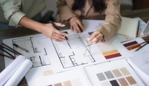 Custom home design process with layout plans and colors.